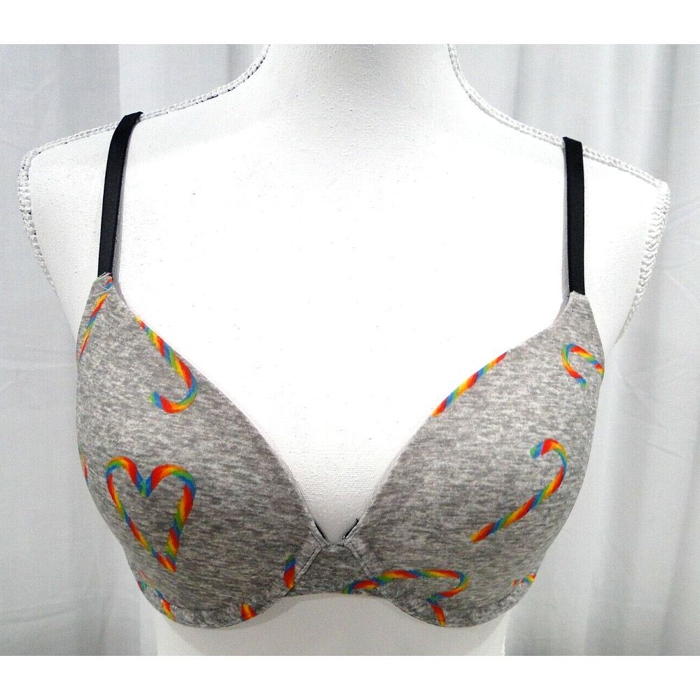 Victoria's Secret PINK Wear Everywhere TShirt Lightly Lined Bra 34C Gray Rainbow